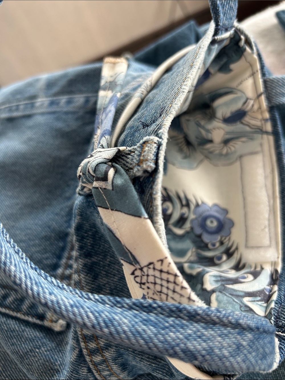 Denim Bag with Floral Accent - Blue - Picture 4 of 4